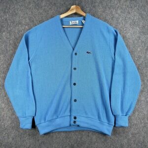 Vintage IZOD Lacoste Sweater Mens Medium Blue Acrylic Cardigan V Neck Logo